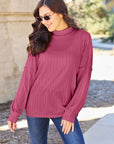 Rosy Brown Basic Bae Full Size Ribbed Exposed Seam Mock Neck Knit Top Sentient Beauty Fashions Apparel & Accessories