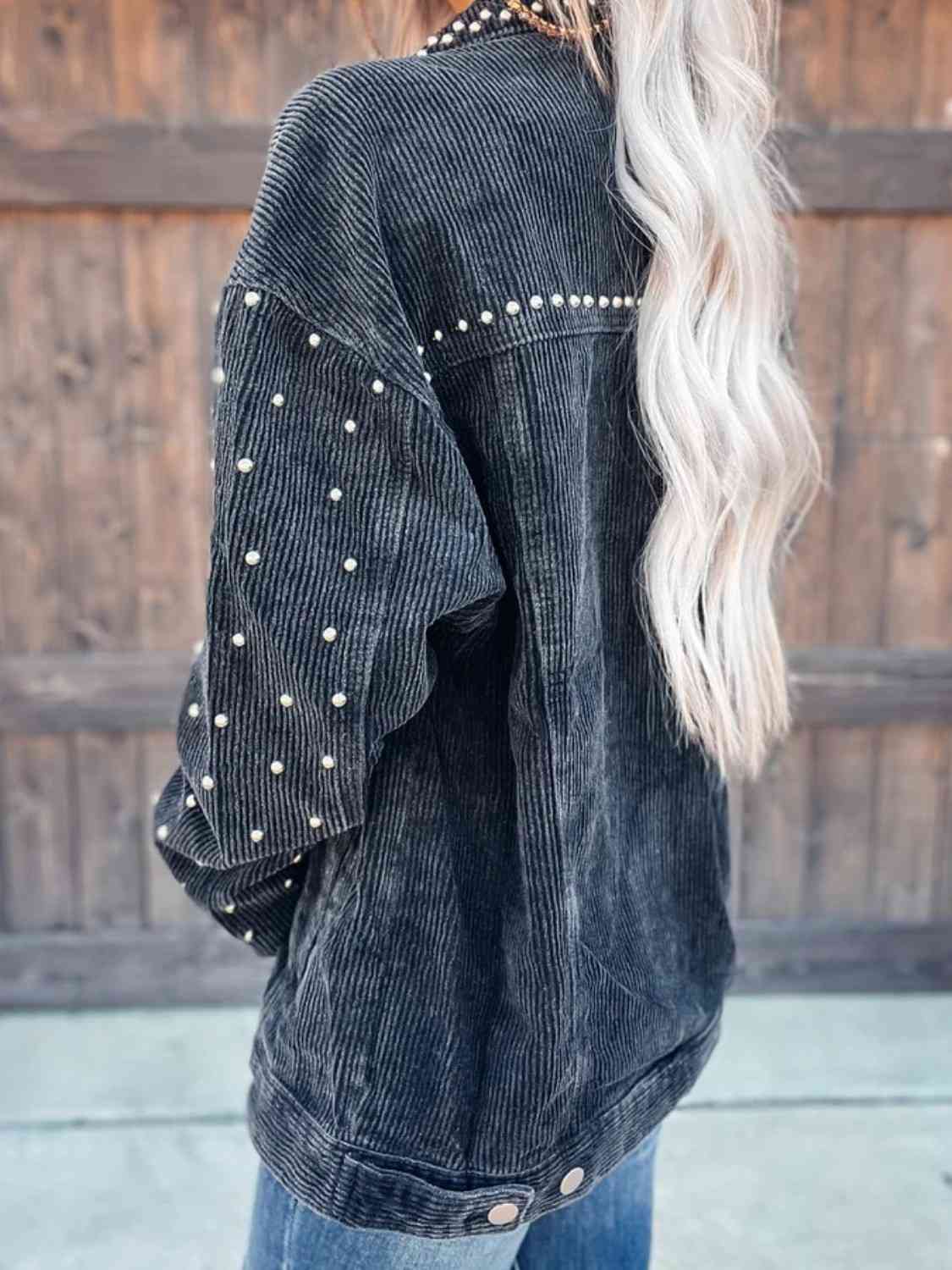 Light Slate Gray Studded Collared Neck Button Down Jacket Sentient Beauty Fashions jackets