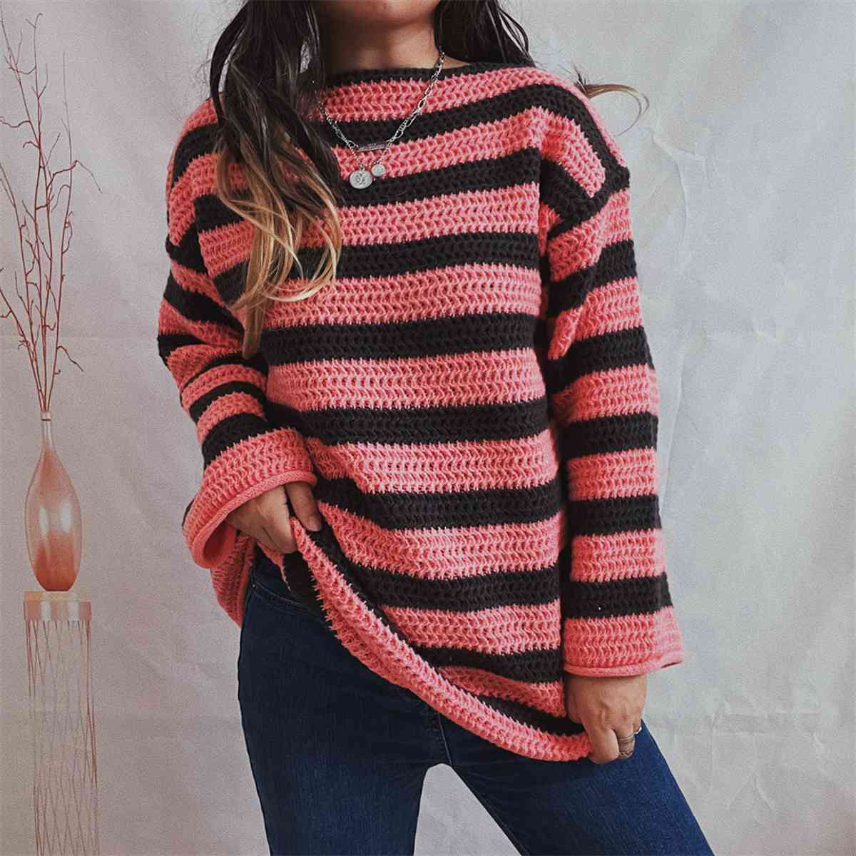 Dark Gray Striped Round Neck Long Sleeve Sweater