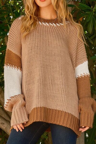 Rosy Brown Color Block Round Neck Dropped Shoulder Sweater Sentient Beauty Fashions Apparel &amp; Accessories