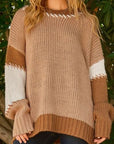 Rosy Brown Color Block Round Neck Dropped Shoulder Sweater