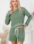 Light Gray Round Neck Long Sleeve Top and Drawstring Shorts Lounge Set