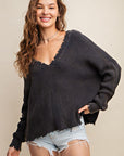 Dark Slate Gray Kori America Distressed V-Neck Sweater Sentient Beauty Fashions Apparel & Accessories
