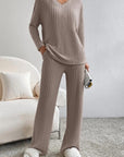 Gray Ribbed V-Neck Top and Pants Set Sentient Beauty Fashions Apparel & Accessories