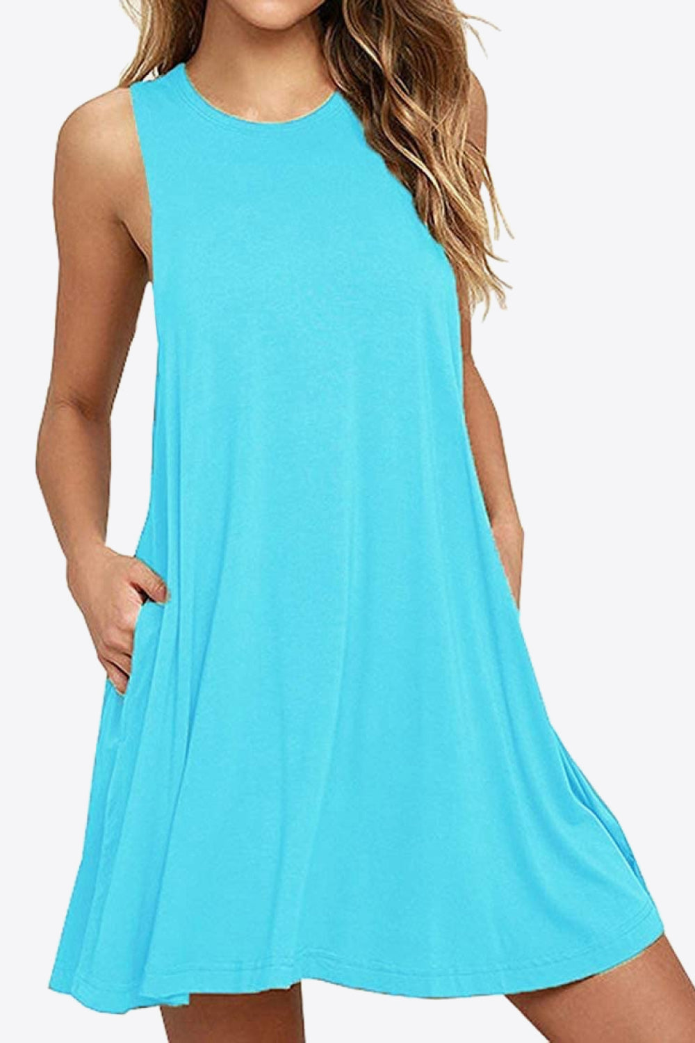Medium Turquoise Full Size Round Neck Sleeveless Dress with Pockets