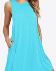 Medium Turquoise Full Size Round Neck Sleeveless Dress with Pockets Sentient Beauty Fashions Dresses