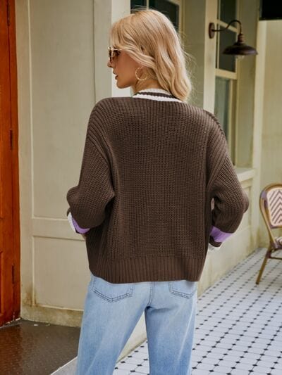 Rosy Brown Contrast Button Up Dropped Shoulder Cardigan