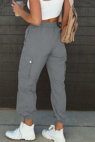 Dim Gray Drawstring Elastic Waist Pants with Pockets Sentient Beauty Fashions Apparel & Accessories