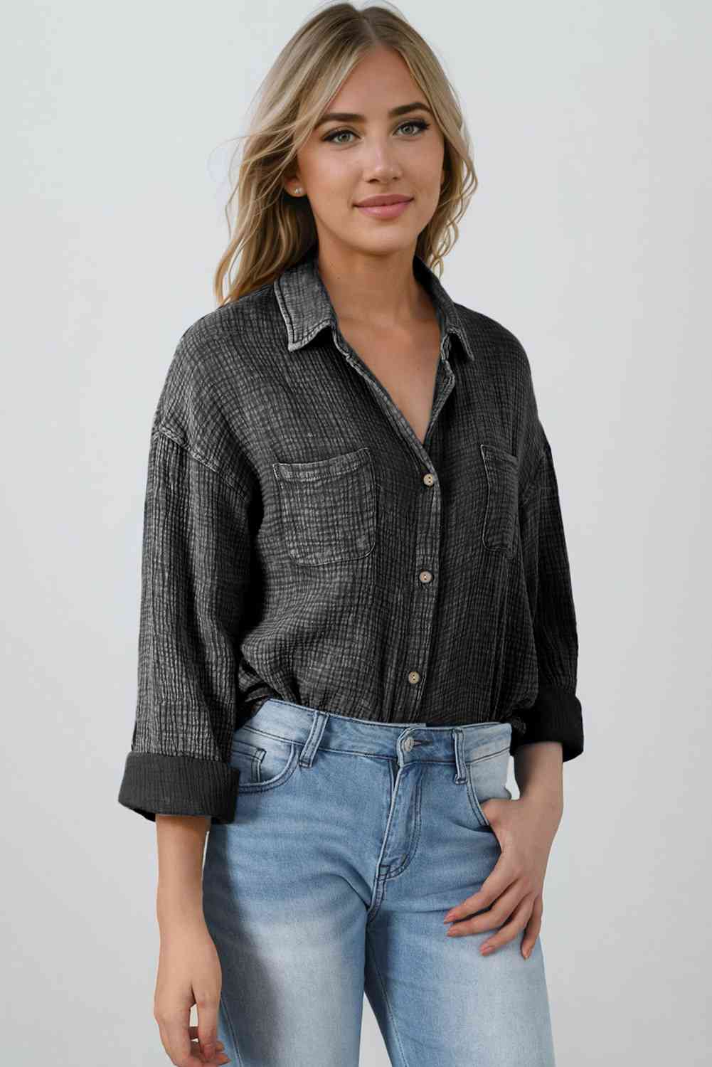 Dark Slate Gray Mineral Wash Crinkle Textured Chest Pockets Shirt Sentient Beauty Fashions Apparel &amp; Accessories