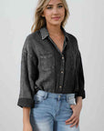 Dark Slate Gray Mineral Wash Crinkle Textured Chest Pockets Shirt Sentient Beauty Fashions Apparel & Accessories