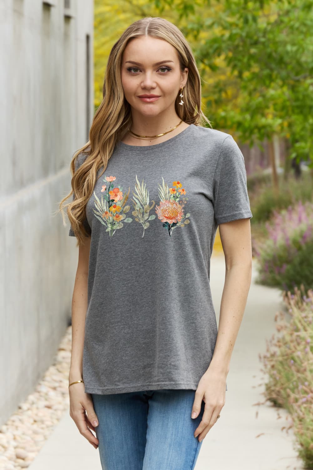 Rosy Brown Simply Love Flower Graphic Round Neck Cotton Tee Sentient Beauty Fashions Apparel & Accessories