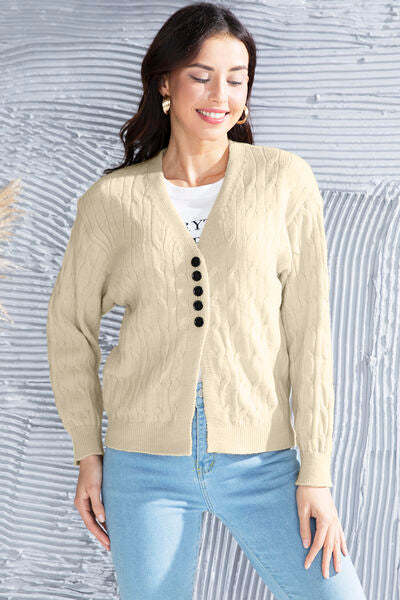 Light Gray Cable-Knit Button Up Dropped Shoulder Cardigan Sentient Beauty Fashions Apparel & Accessories