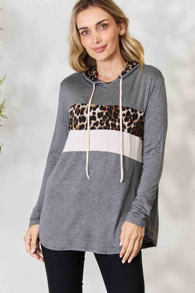Light Gray BiBi Leopard Color Block Drawstring Hoodie Sentient Beauty Fashions Apparel & Accessories