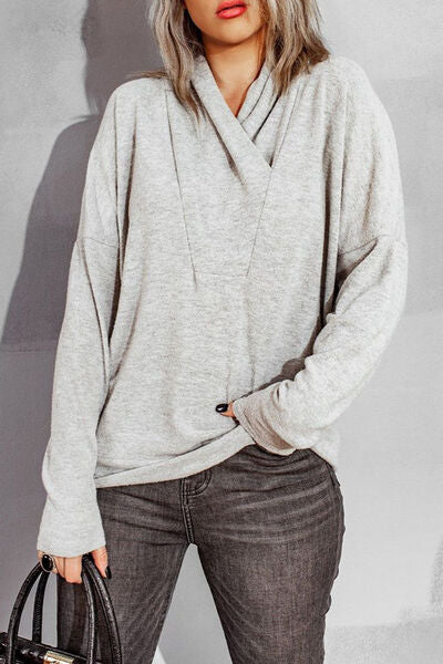 Gray Surplice Dropped Shoulder Long Sleeve Sweater Sentient Beauty Fashions Apparel &amp; Accessories