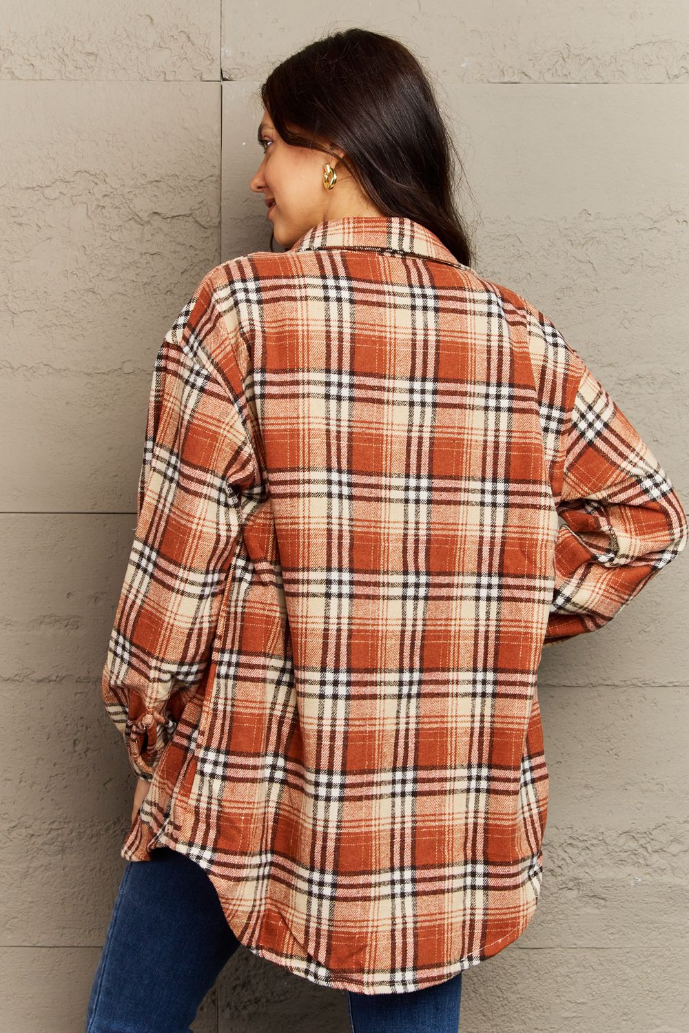 Rosy Brown Ninexis Full Size Plaid Collared Neck Button-Down Long Sleeve Jacket Sentient Beauty Fashions jackets