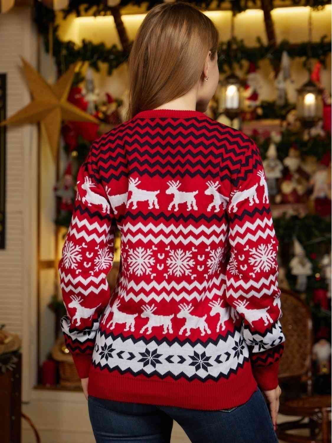 Saddle Brown Reindeer & Snowflake Round Neck Sweater