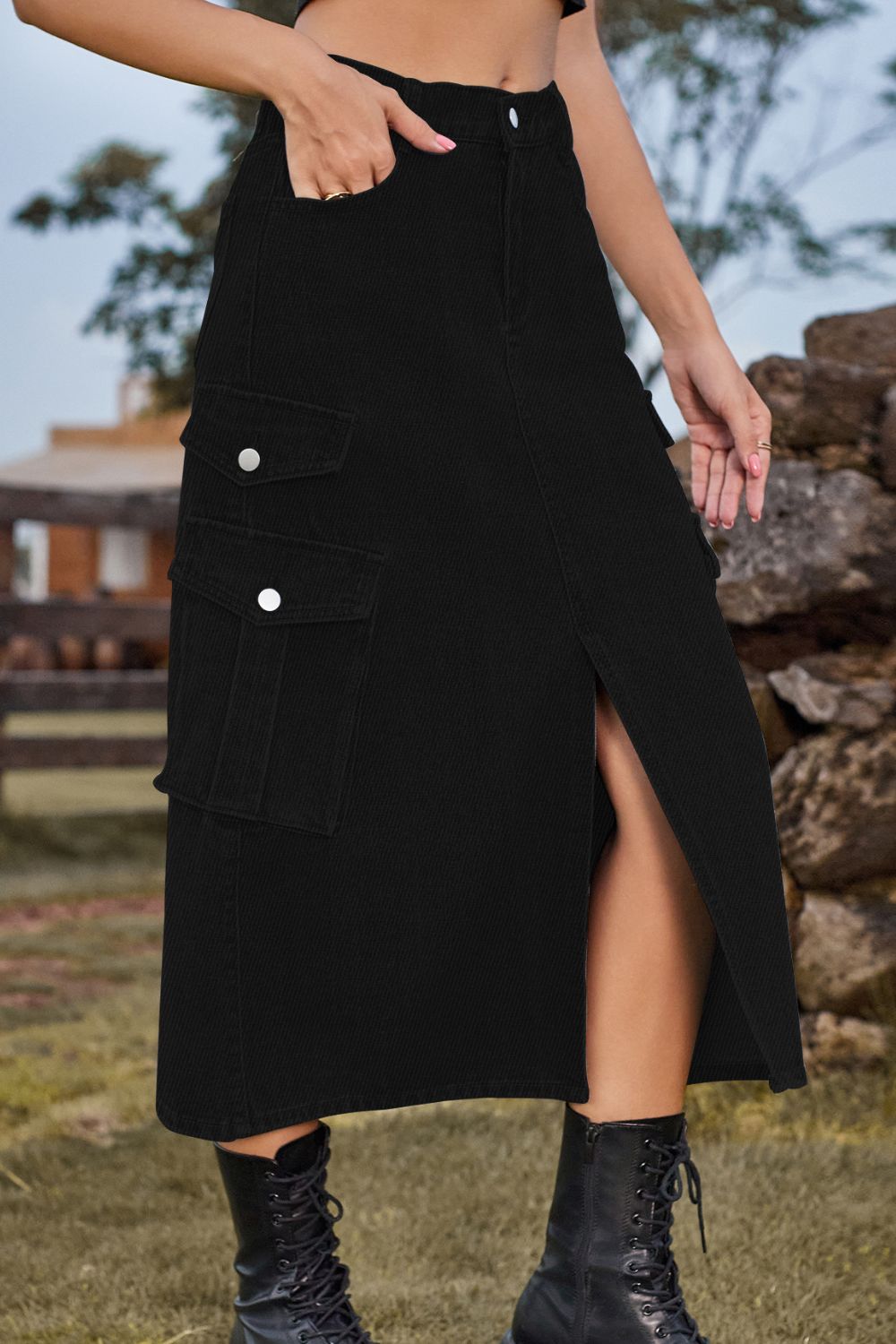 Black Slit Front Midi Denim Skirt with Pockets Sentient Beauty Fashions Apparel &amp; Accessories