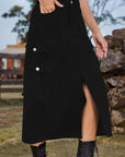 Black Slit Front Midi Denim Skirt with Pockets Sentient Beauty Fashions Apparel & Accessories