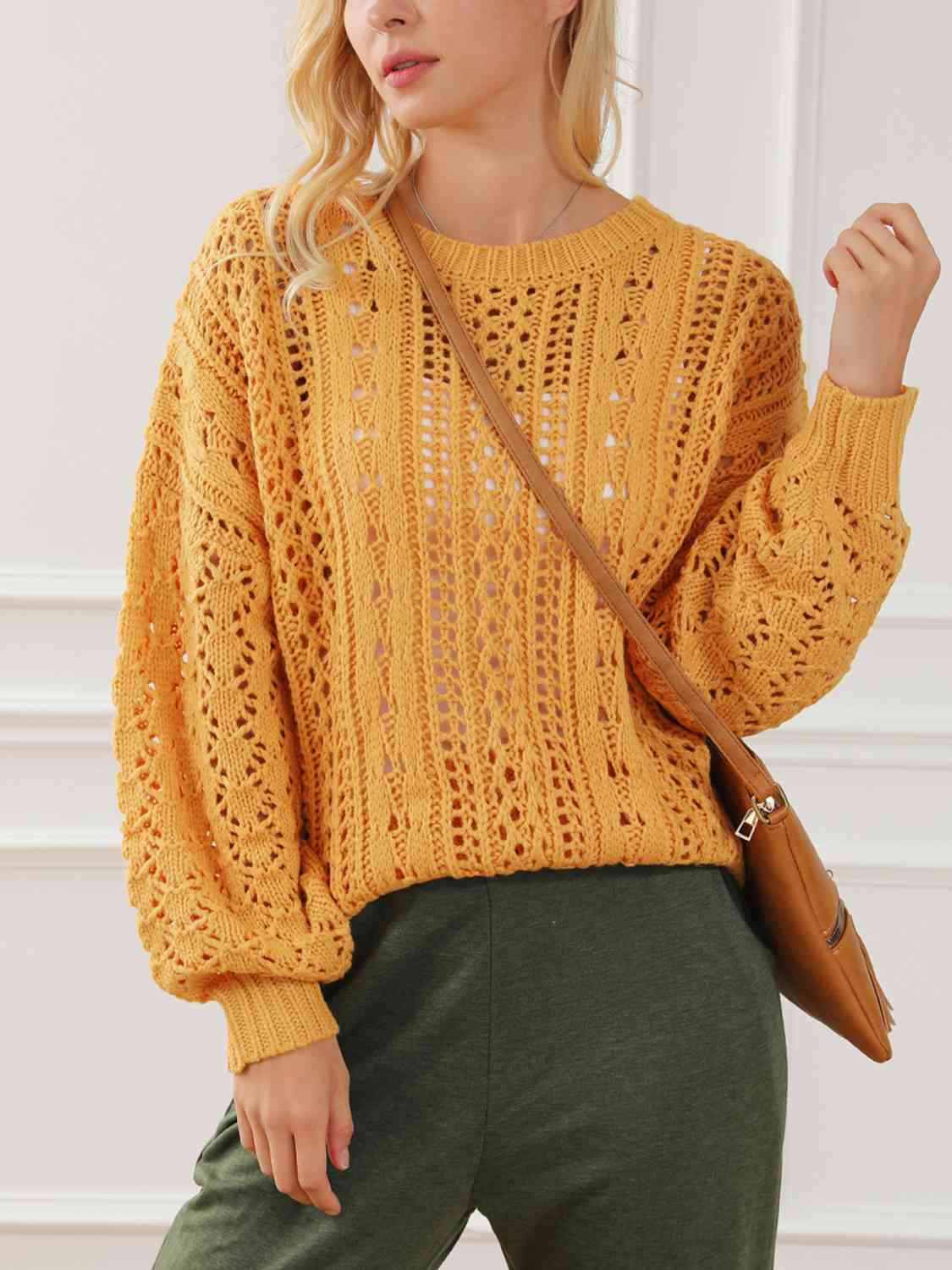 Sandy Brown Openwork Round Neck Long Sleeve Sweater Sentient Beauty Fashions Apparel & Accessories