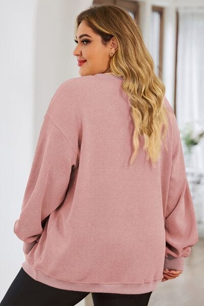 Rosy Brown Plus Size Heart Ribbed Round Neck Sweatshirt