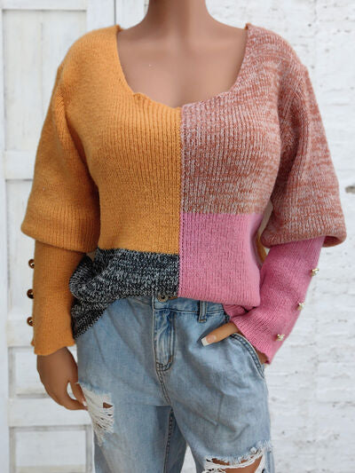 Rosy Brown Color Block Decorative Button Long Sleeve Sweater Sentient Beauty Fashions Apparel &amp; Accessories