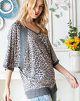 Light Gray Heimish Full Size Leopard Contrast V-Neck Half Sleeve T-Shirt