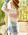 Wheat BiBi Color Block Openwork Long Sleeve Sweater Sentient Beauty Fashions Apparel & Accessories