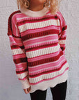 Dark Gray Striped Drop Shoulder Round Neck Sweater