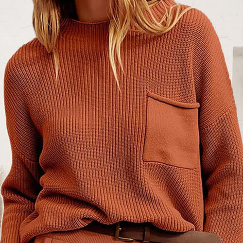 Ribbed Dropped Shoulder Sweater with Pocket