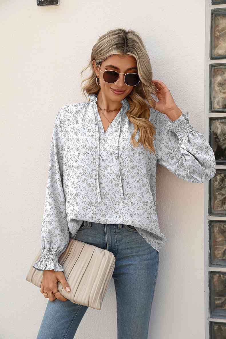 Light Gray Printed Tie Neck Flounce Sleeve Blouse Sentient Beauty Fashions Apparel &amp; Accessories