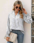 Light Gray Printed Tie Neck Flounce Sleeve Blouse Sentient Beauty Fashions Apparel & Accessories