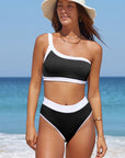 Dark Gray Contrast Trim Ribbed One-Shoulder Bikini Set Sentient Beauty Fashions Swim