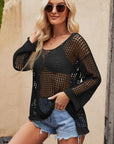 Tan Openwork Round Neck Long Sleeve Cover Up Sentient Beauty Fashions swimwear
