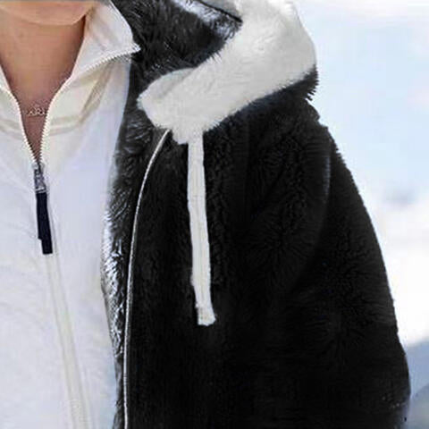 Black Zip-Up Hooded Teddy Coat