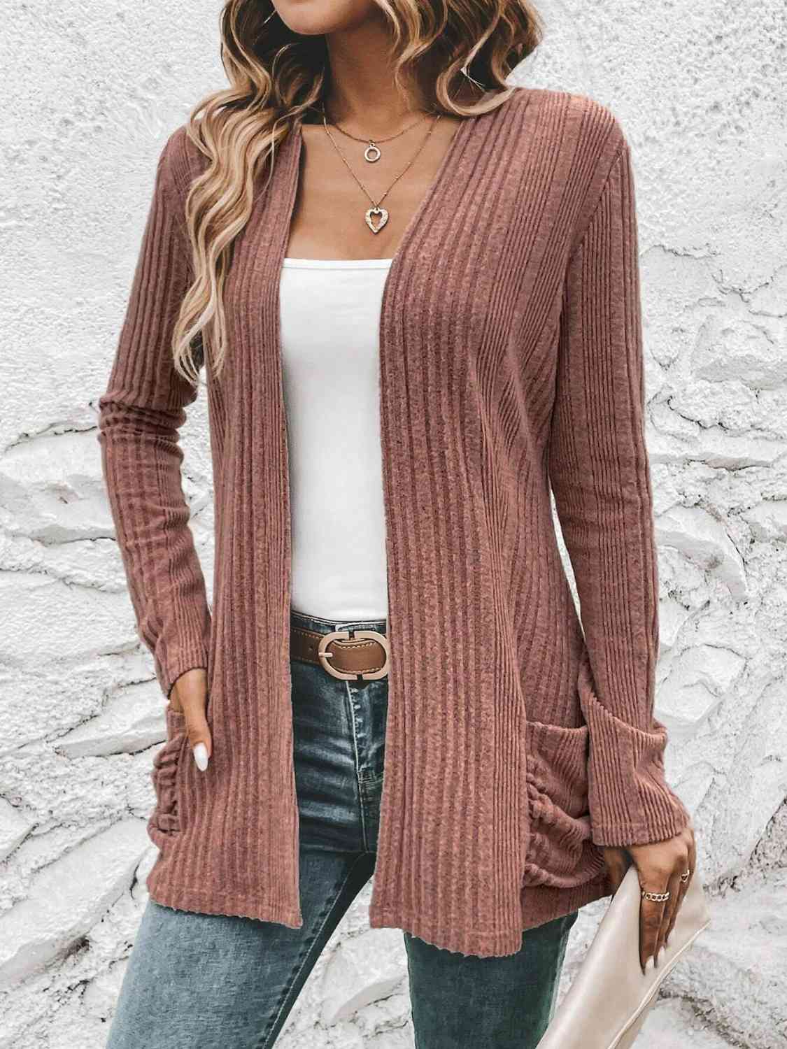 Light Gray Ribbed Open Front Cardigan with Pockets