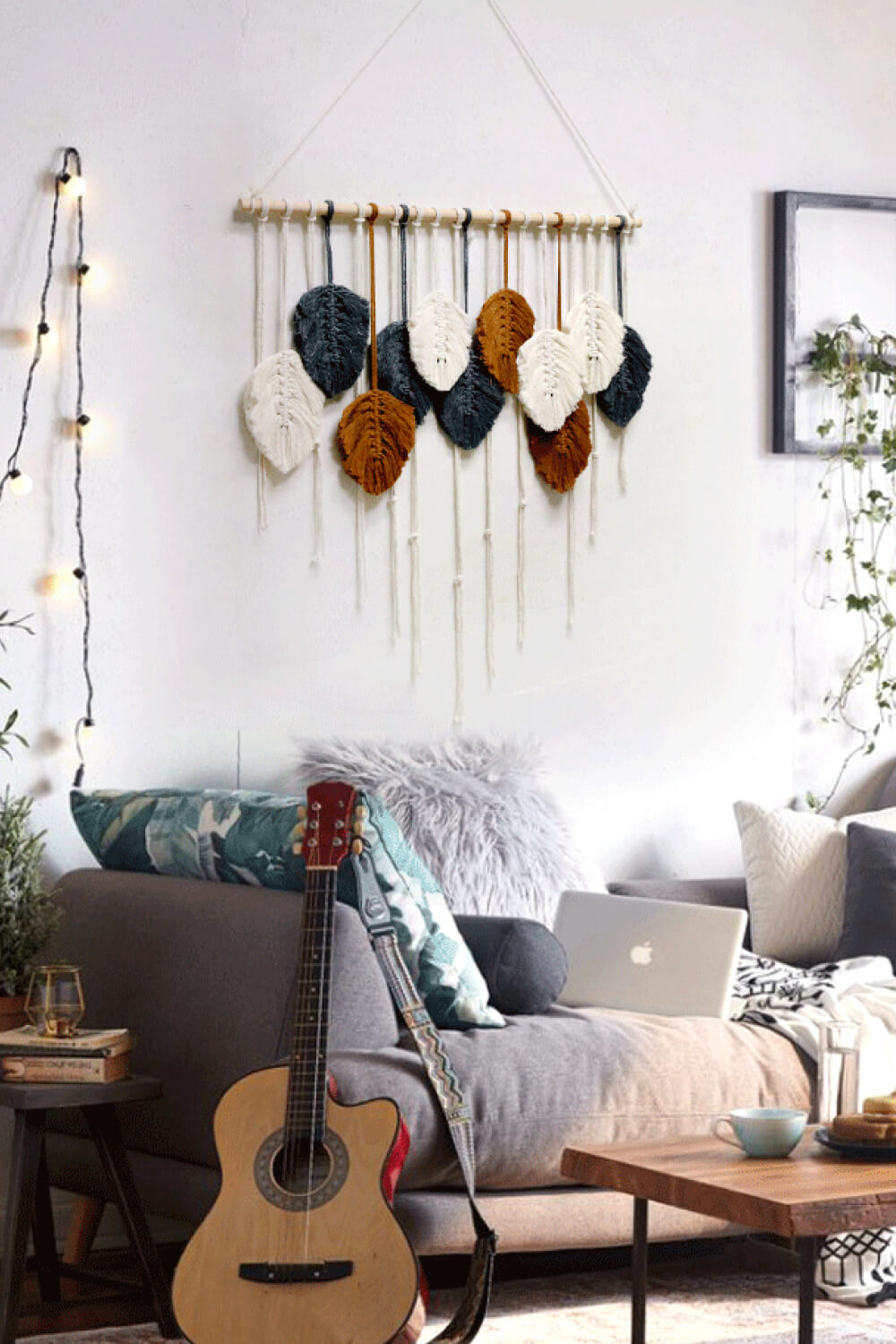 Light Gray Hand-Woven Feather Macrame Wall Hanging
