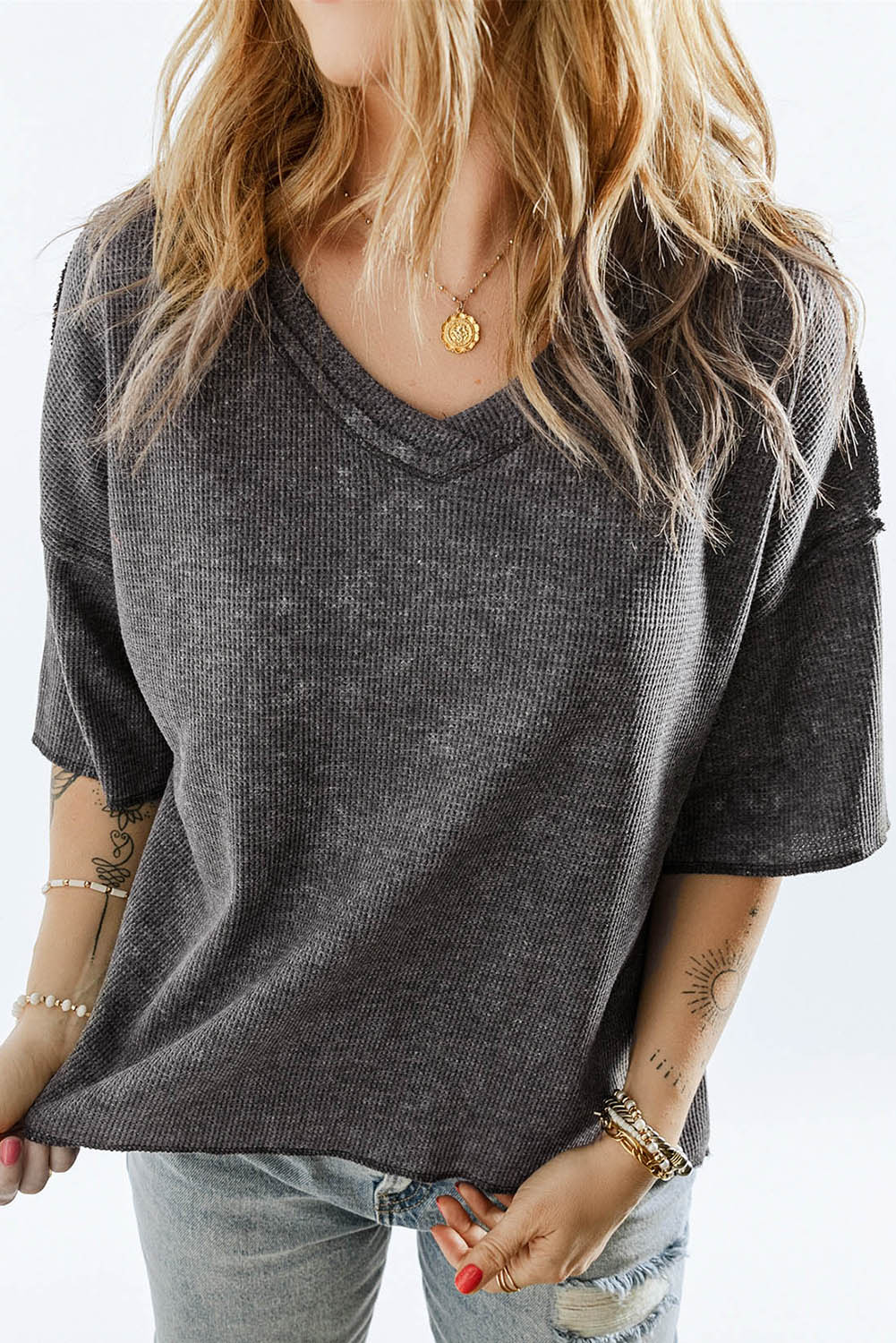 Dark Slate Gray V-Neck Dropped Shoulder Tee Sentient Beauty Fashions Apparel & Accessories