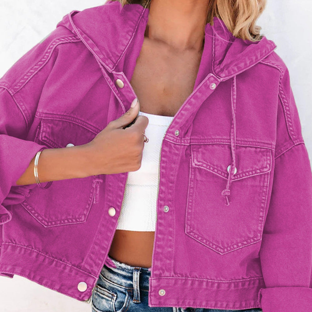 Maroon Hooded Dropped Shoulder Denim Jacket Sentient Beauty Fashions Apparel &amp; Accessories