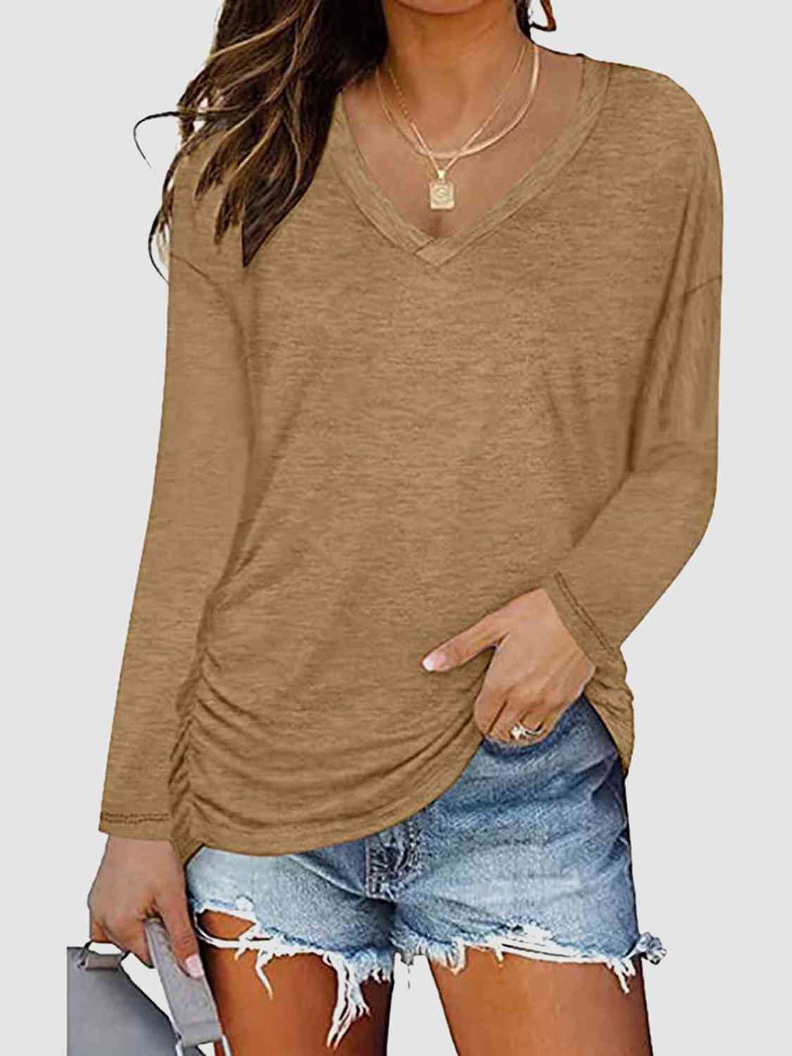 Dim Gray Ruched V-Neck Long Sleeve T-Shirt