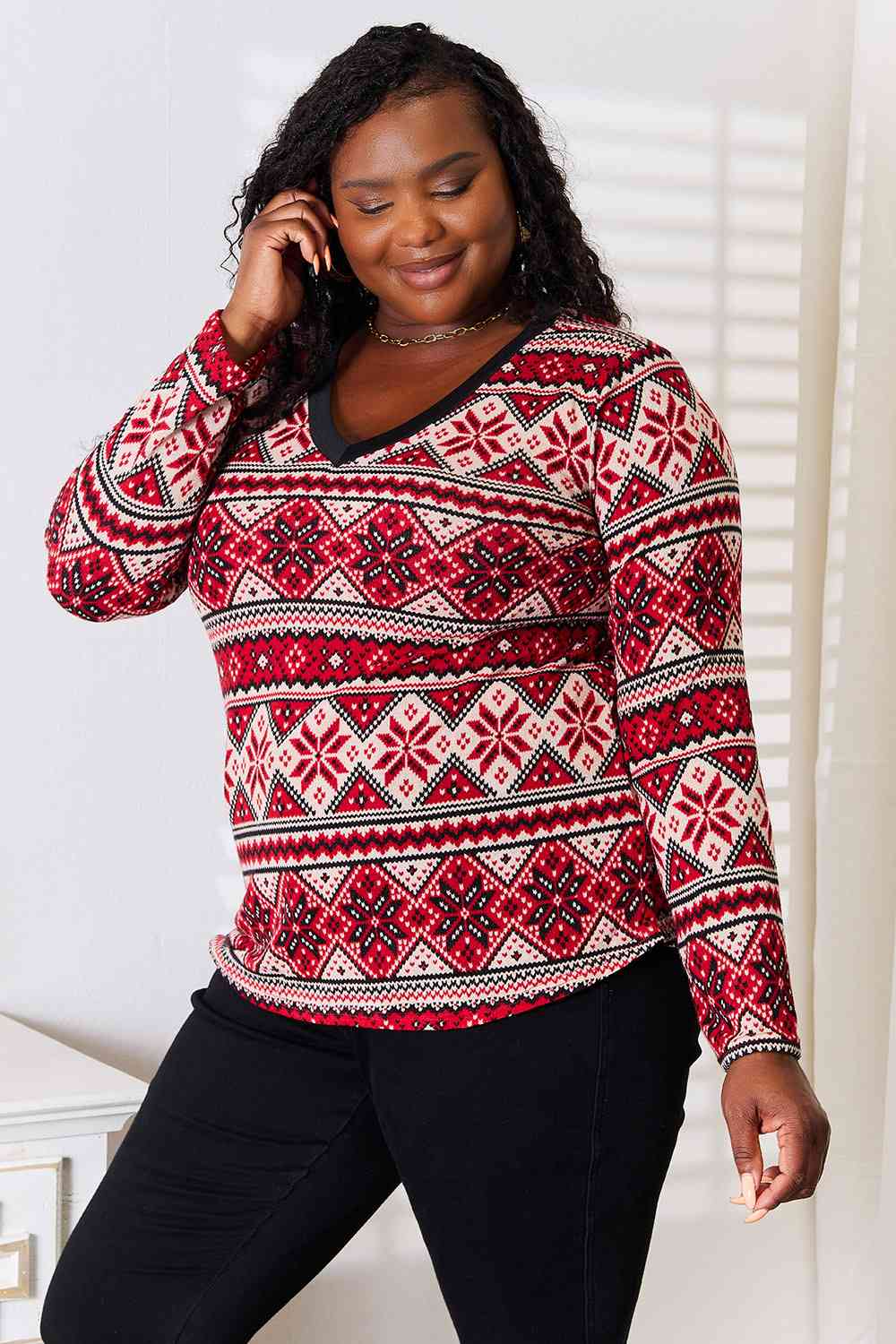 Black Heimish Full Size Snowflake Print Long Sleeve Top Sentient Beauty Fashions Apparel &amp; Accessories
