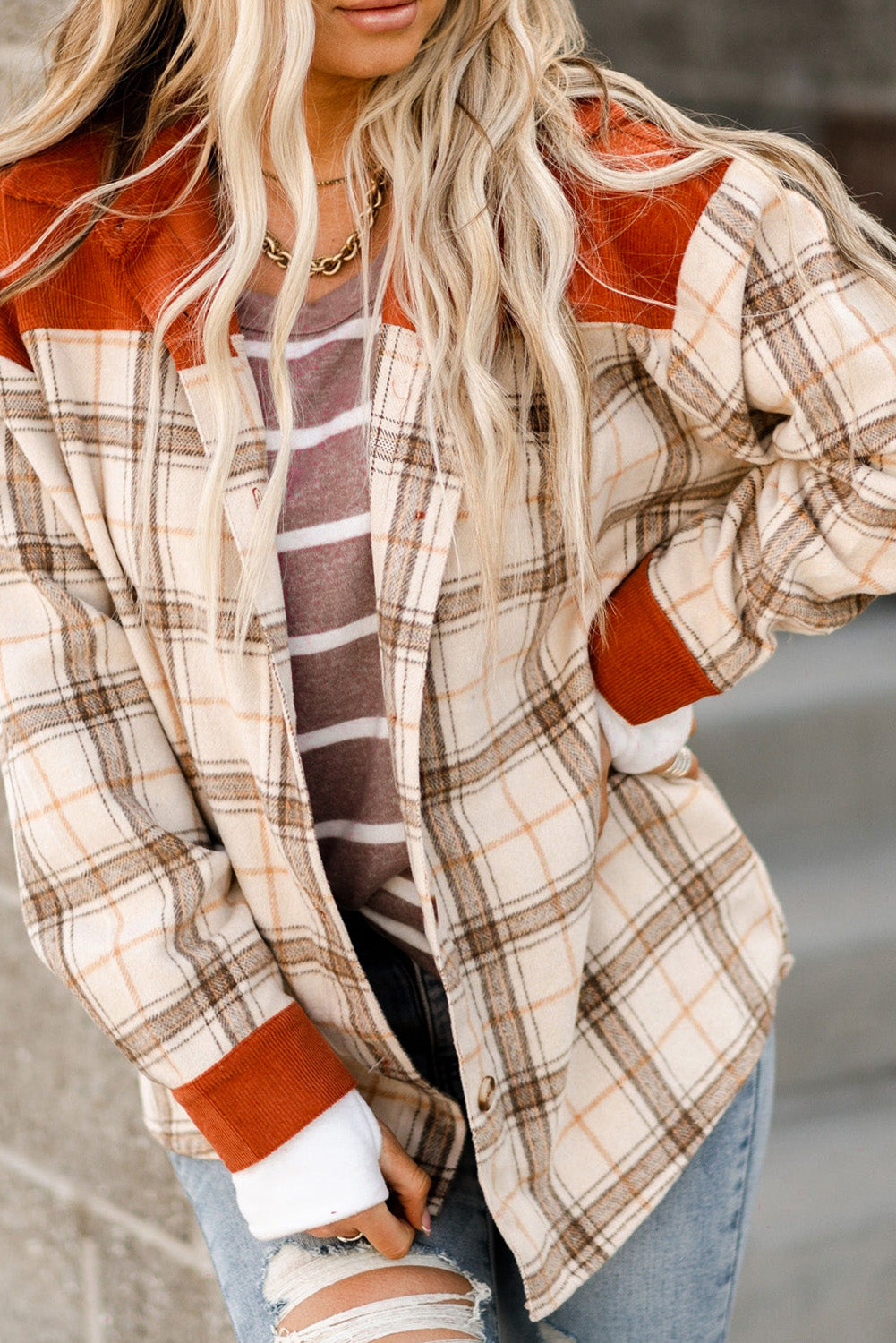 Rosy Brown Double Take Plaid Contrast Corduroy Shacket Sentient Beauty Fashions Apparel &amp; Accessories
