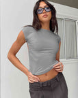 Gray Backless Short Sleeve Cropped Blouse Sentient Beauty Fashions Apparel & Accessories