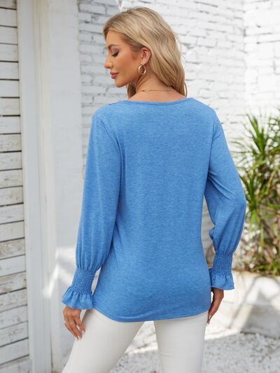 Gray V-Neck Smocked Ruffled Long Sleeve Top Sentient Beauty Fashions Apparel &amp; Accessories