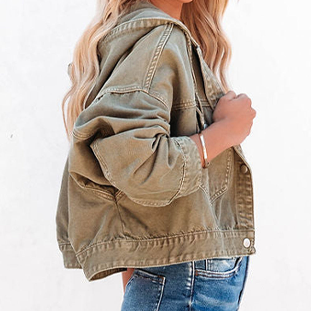 Light Gray Hooded Dropped Shoulder Denim Jacket Sentient Beauty Fashions Apparel &amp; Accessories