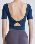 Dark Slate Gray Cutout Backless Round Neck Active T-Shirt Sentient Beauty Fashions Apparel & Accessories