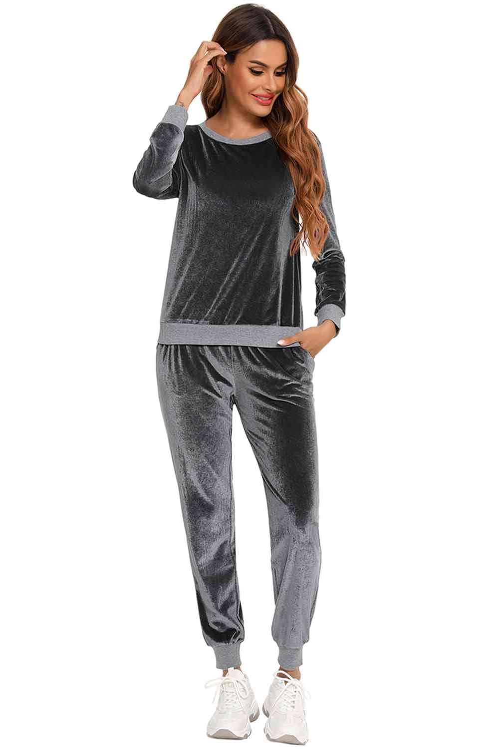 Dark Slate Gray Round Neck Long Sleeve Loungewear Set with Pockets