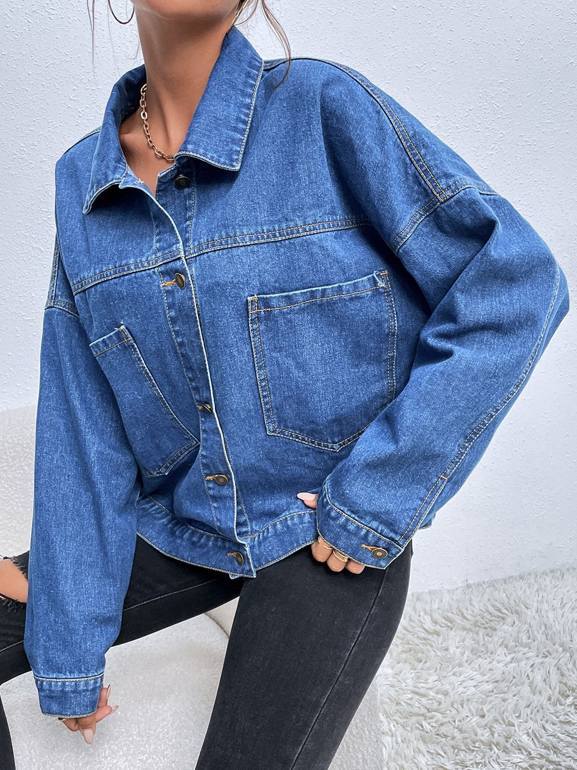 Light Gray Collared Neck Dropped Shoulder Denim Jacket Sentient Beauty Fashions Apparel &amp; Accessories