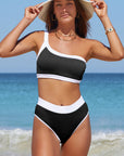Dark Gray Contrast Trim Ribbed One-Shoulder Bikini Set Sentient Beauty Fashions Swim