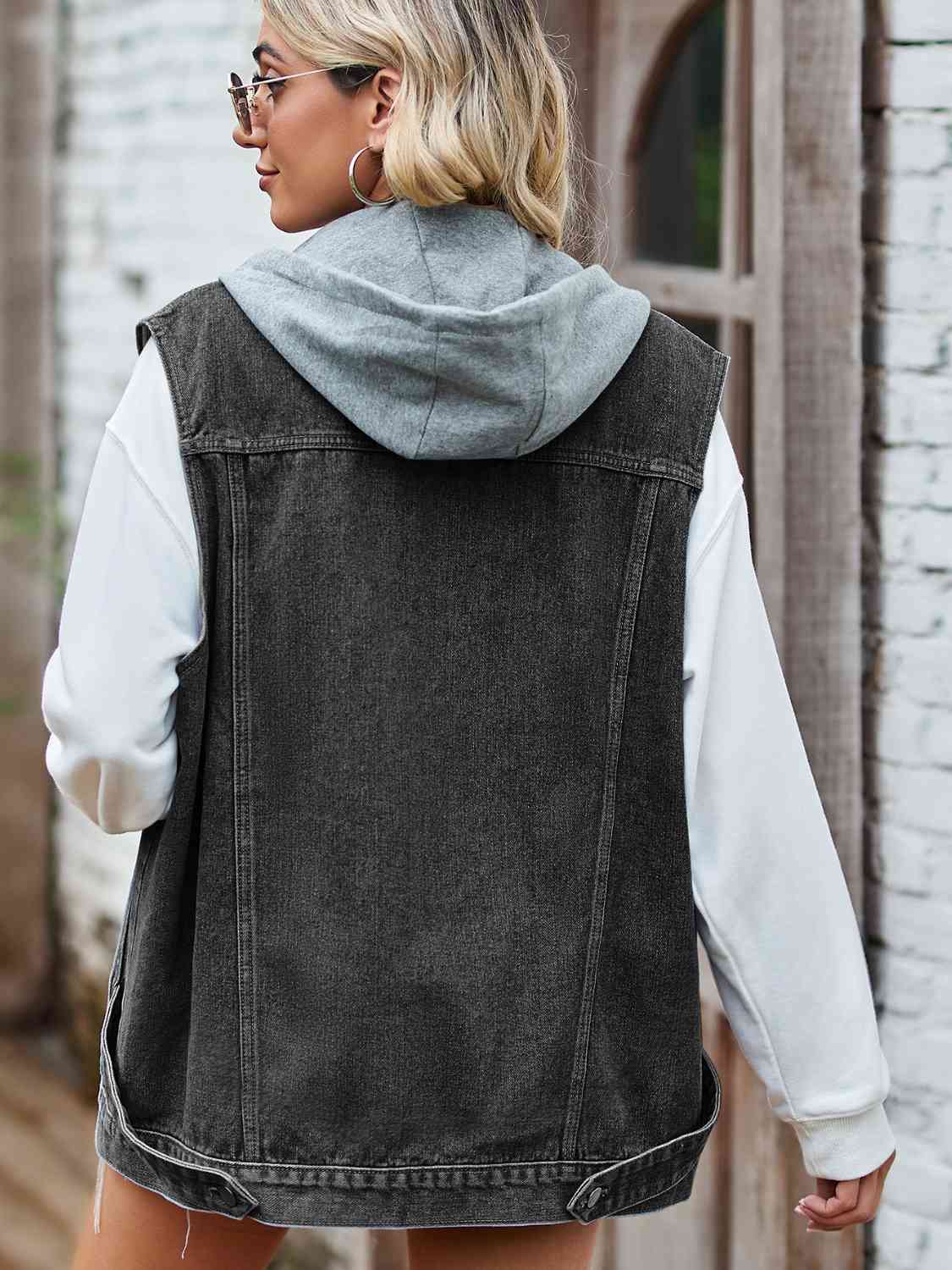 Dark Slate Gray Button Up Sleeveless Denim Jacket with Pockets Sentient Beauty Fashions Apparel & Accessories