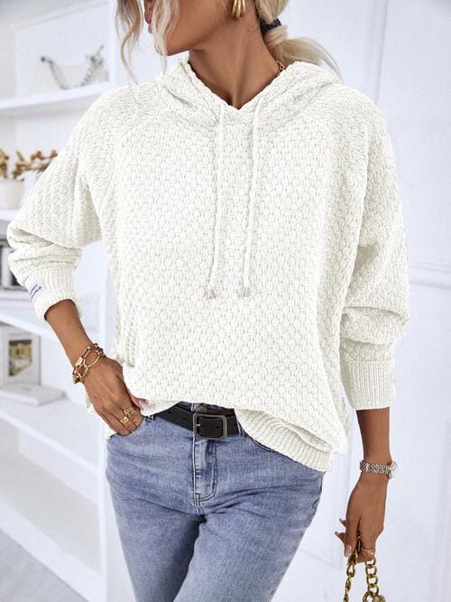 Lavender Texture Drawstring Long Sleeve Hooded Sweater